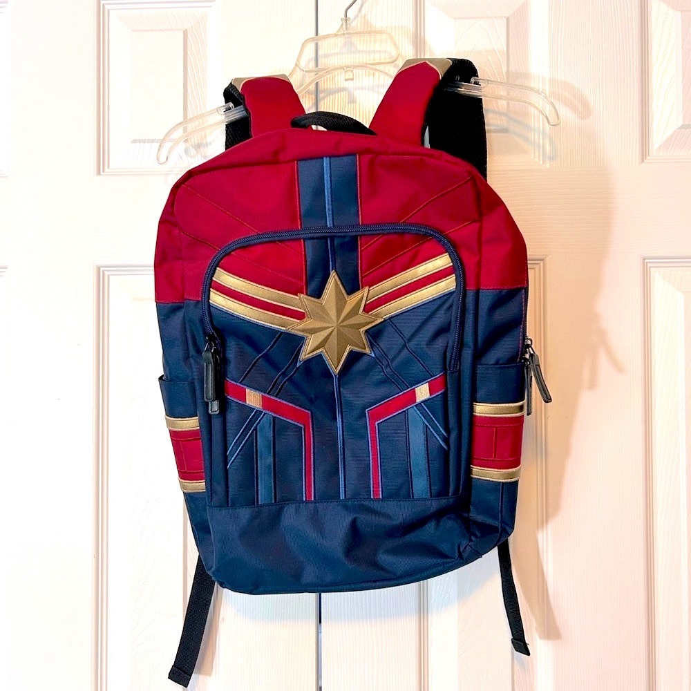 Captain Marvel Backpack Bookbag Adjustable Straps Multi Pocket Red Navy Unisex